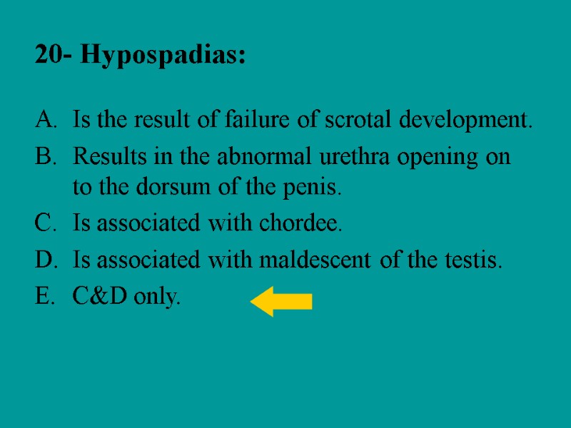 20- Hypospadias: Is the result of failure of scrotal development. Results in the abnormal